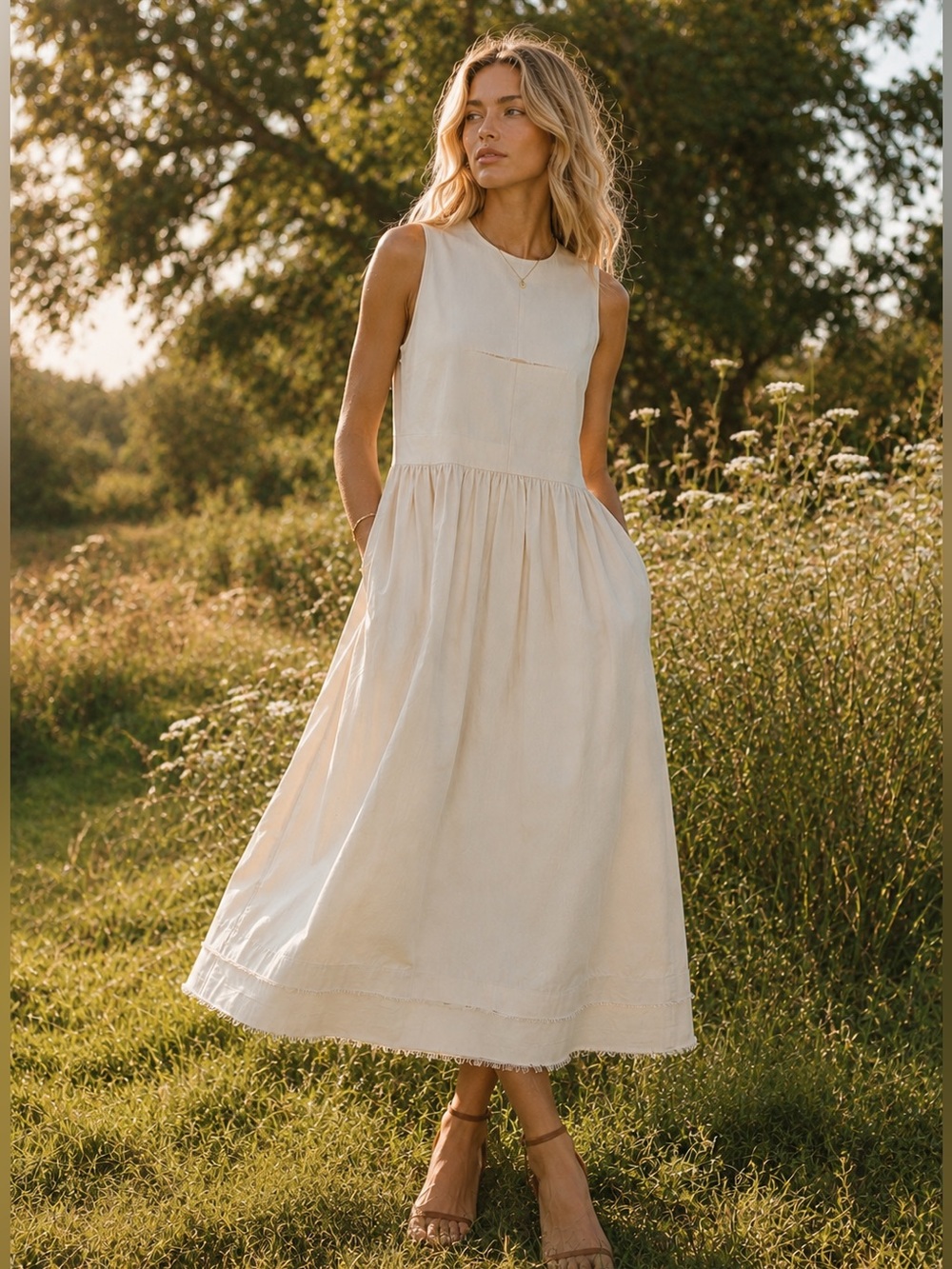 &Daughter Evelyn Stretch Organic Cotton Twill Midi Dress Cream Size 6